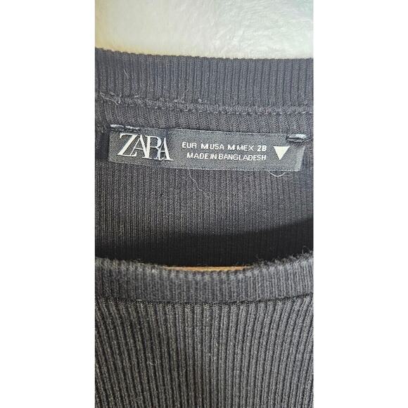 Zara Womens Dress Medium Black Ribbed Crew Neck Ruched Sides Knit Mini Short - Picture 8 of 11